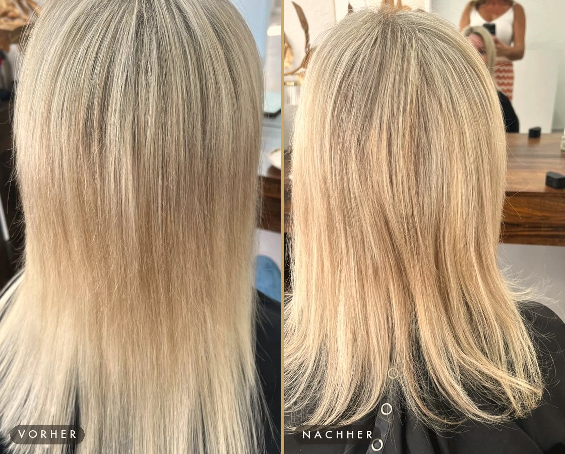 Vorher/Nachher: Haarverlängerung – mehr Fülle, blond