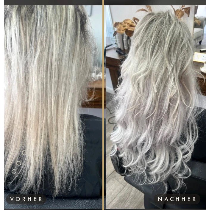 Vorher/Nachher: Haarverlängerung – Platinblond mit Locken