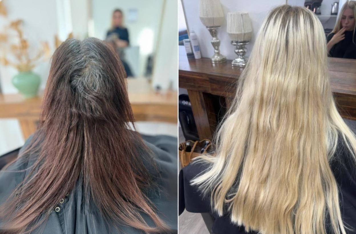 Vorher/Nachher: dunkel zu langem Blond
